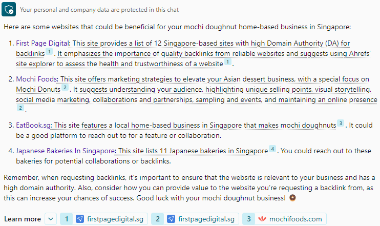 Bing Chat’s response to the query about obtaining high quality backlinks for SEO for a mochi doughnut home-based business, proving four relevant links.