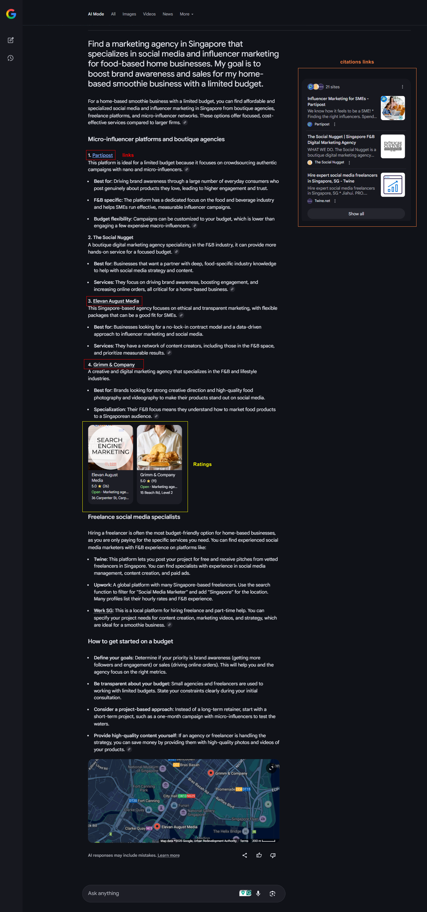 Google AI Mode’s answer to prompt: “Find a marketing agency in Singapore that specializes in social media and influencer marketing for food-based home businesses. My goal is to boost brand awareness and sales for my home-based smoothie business with a limited budget.”